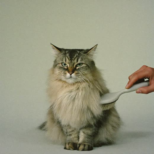 A long-haired cat being brushed